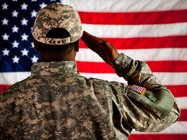  Back view of soldier saluting American flag